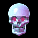 A spinning chrome skull with glowing red eyes