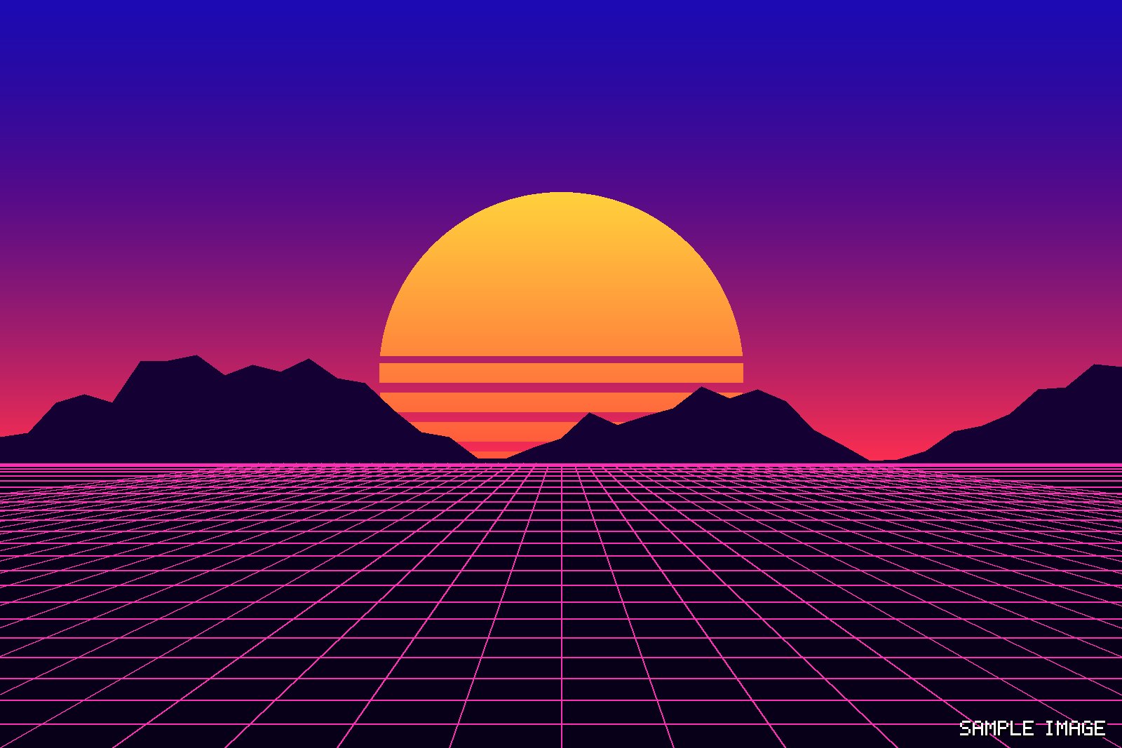 A striped orange sun setting behind purple mountains over a pink neon grid