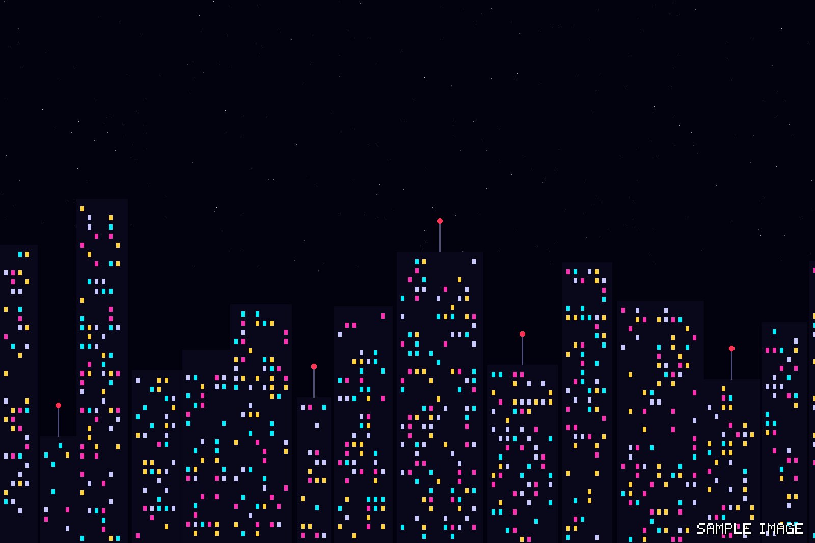 A city skyline at night with hundreds of colored windows