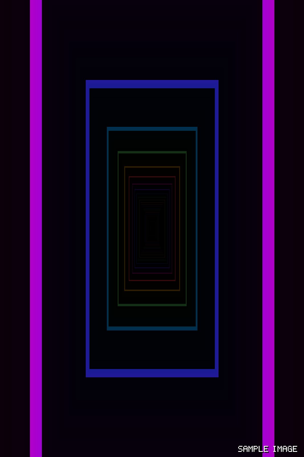 Rainbow neon rectangles receding into a dark tunnel